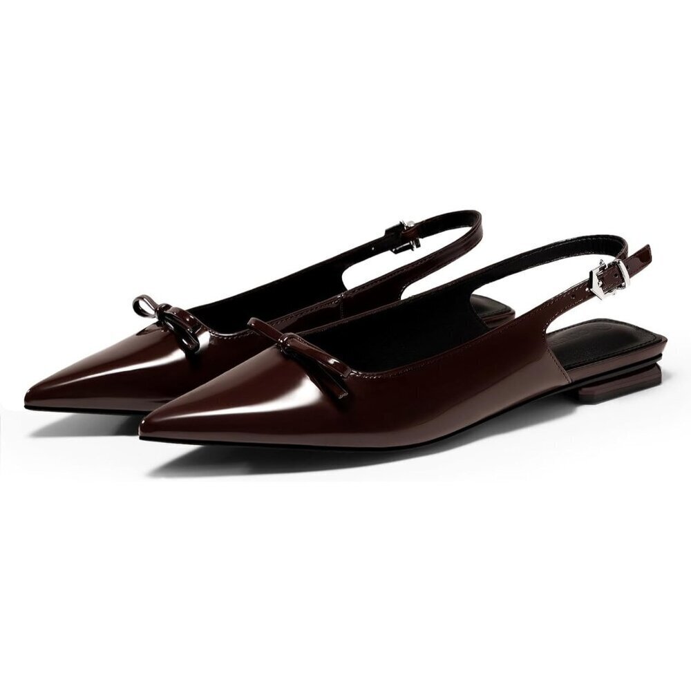 Women Slingback Pointed Toe Red Brown Flats Bow Comfortable Dressy Party Shoes